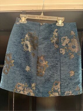 Free People Blue Floral Jacquard Mini Skirt with Gold Accents